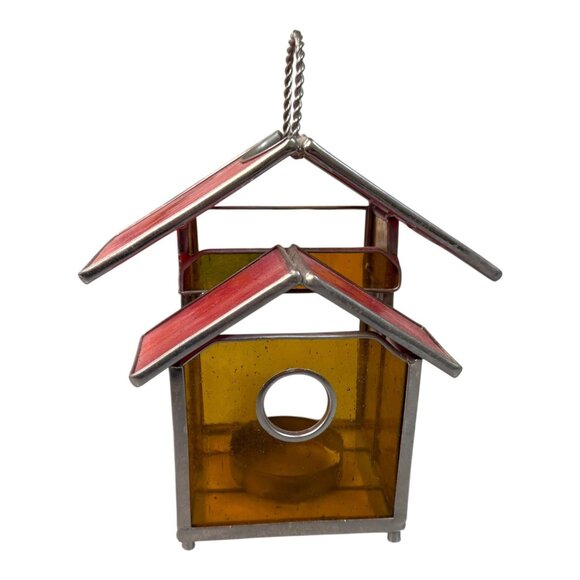 Slag stained glass leaded Lantern Bird House Tea light Candleholder, Red and Amb - Picture 1 of 8